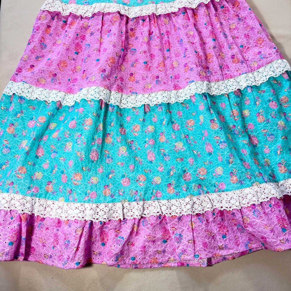 Beach Bunny Everette Maxi Skirt Teal Pink Seashell Eyelet Lace Smocked Boho NWT - Picture 10 of 13